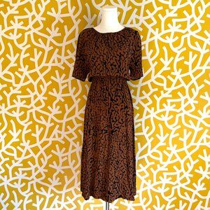 H&M Brown Black Animal Print Short Sleeve Midi Knee Length Crewneck Dress - XS